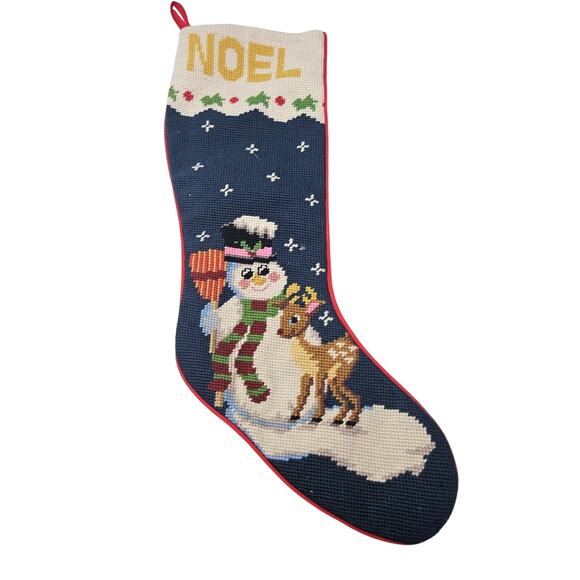 Vintage Other - Vintage Handmade Needlepoint Christmas Stocking Snowman Reindeer Noel Red Back
